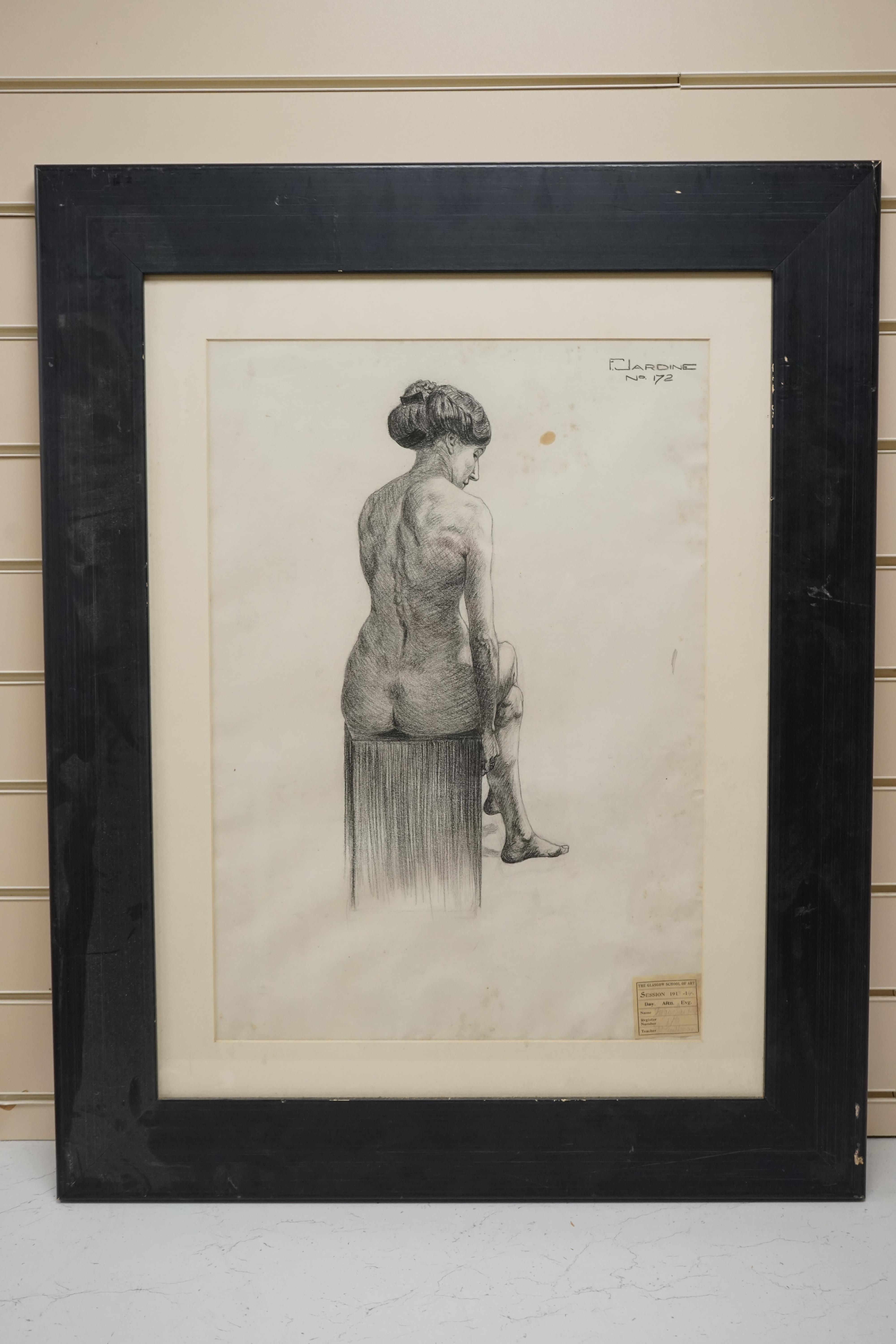 F. Jardine, charcoal, Nude study, Glasgow School of Art 1913-14 label, signed, 59 x 41cm. Condition - stained